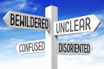 Confused concept (bewildered, unclear, confuses, disoriented) - wooden signpost