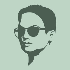 Portrait of beautiful woman in black sunglasses. Short hair. Vector version. Half turn view