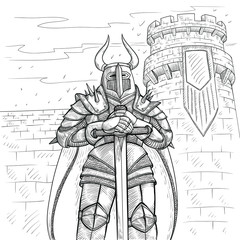 Vector sketch illustration by hand. Medieval knight in heavy metal armor and a large sword against the background of a high fortress tower. Ancient warrior in horned helmet and a cloak with a weapon.