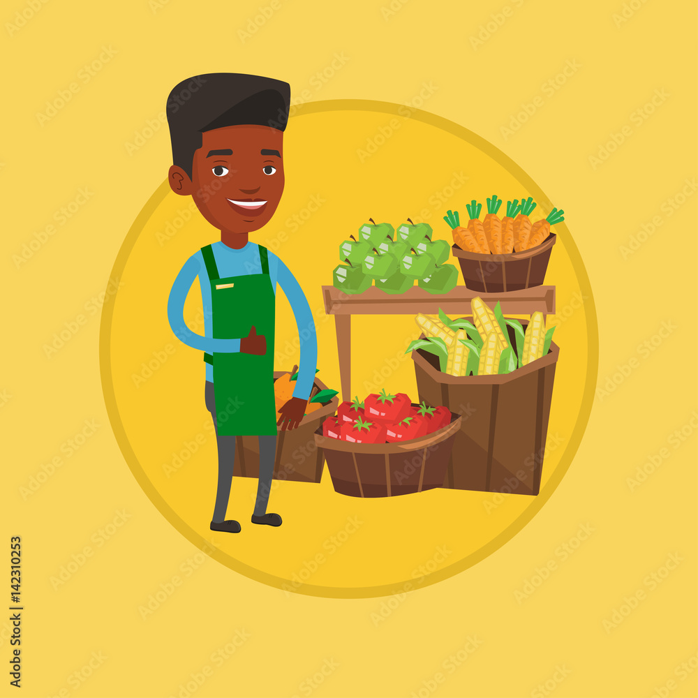 Sticker friendly supermarket worker vector illustration.