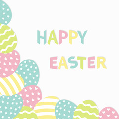 Happy Easter colorful text. Painted egg corner frame. Painting shell. Heart, star, line shape pattern. Light color. Greeting card. White background. Isolated. Flat design.