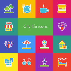 Vector set of 14 icons showing city life in outline style
