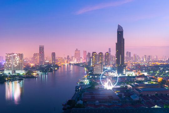 Bangkok city skyline at night.