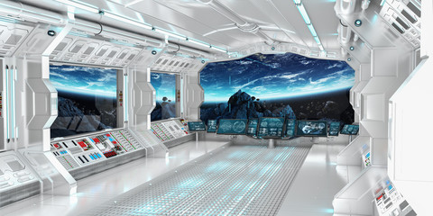 Spaceship interior with view on the planet Earth 3D rendering elements of this image furnished by NASA