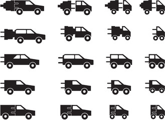 set of electro car pictograms in black and white