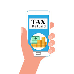 Businessman holding smart phone with TAX REFUND and get money return.