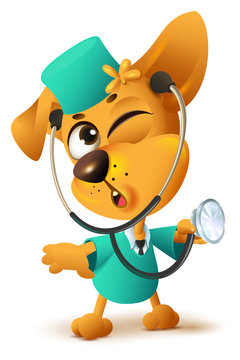 Yellow dog doctor vet keeps stethoscope