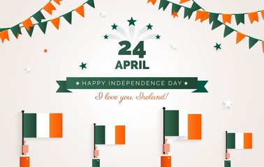 24 April. Ireland Independence Day greeting card.   Holiday background with waving flags, ribbon and garlands. Vector flat illustration