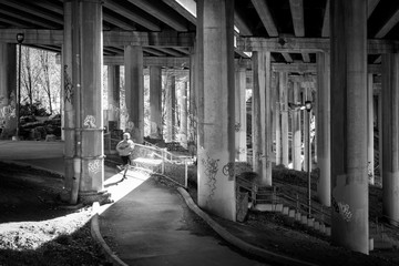 Jogger running in a park underneath a freeway