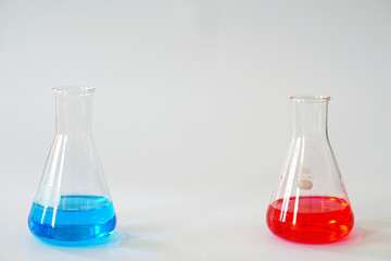 Laboratory glass Erlenmeyer conical flask filled with chemical liquid for a chemistry experiment in a science research lab and copy space.