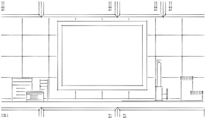 Kitchen counter frame mockup concept. Black and white abstract illustration. Front view.