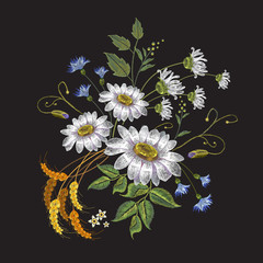 Camomiles embroidery. Beautiful bouquet of chamomiles, classic embroidery pattern for clothes