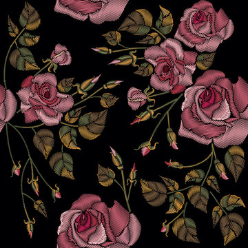 Roses embroidery seamless pattern on a black background. Classic style embroidery