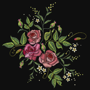 Roses embroidery on a black background. Classic style embroidery, beautiful roses