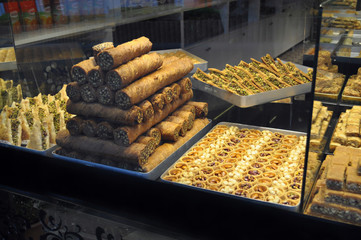 Baklava and other pastries/confectionery for sale at Turkish Bakery in Istanbul, Turkey: Assorted pastries for sale at local patisserie.