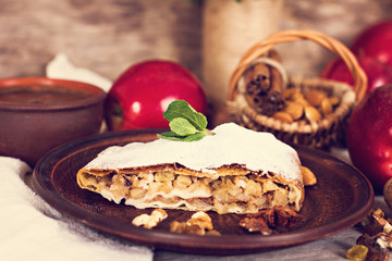 Strudel with apples and nuts.