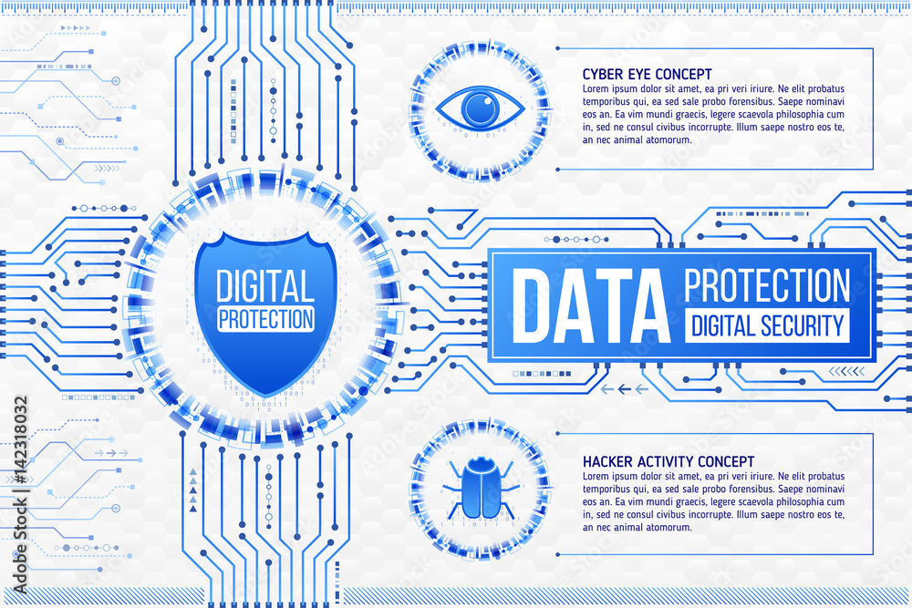 Aufkleber digital technology concept of background with shield, eye and hacker bug. circuit board background. 
