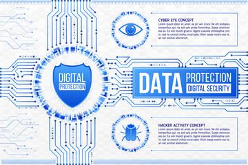 Digital technology concept of background with shield, eye and hacker bug. Circuit board background. Hi-tech electronic wires. Abstract information security. Modern safety digital background.