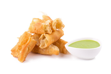 deep fried dough stick and steamed custard on white background