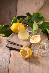 glass bowl of freshly squeezed lemon juice, lemon squeezer and ripe lemons on wooden background