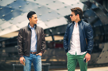 Males beautiful models outdoors, city style fashion