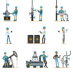 Fototapeta na wymiar Happy People Working In Oil Industry Set Of Cartoon Characters Working At The Pipeline And Petroleum Extraction Machinery