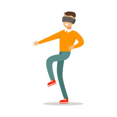 Guy Walking In Virtual Reality Glasses,Part Of Happy Gamers Enjoying Playing Video Game, People Indoors Having Fun With Computer Gaming