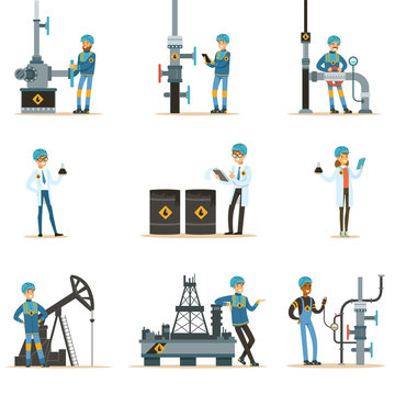 Happy People Working In Oil Industry Set Of Cartoon Characters Working At The Pipeline And Petroleum Extraction Machinery