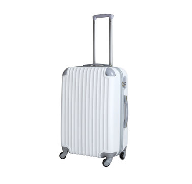 One suitcase isolated on white background. Polycarbonate suitcase isolated on white. White suitcase.