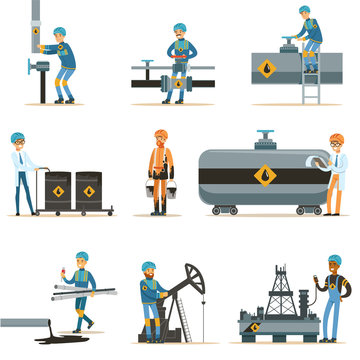Happy People Working In Oil Industry Collection Of Cartoon Characters Working At The Pipeline And Petroleum Extraction Machinery