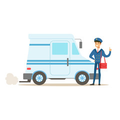 Postman In Blue Uniform With The Car Delivering Mail, Fulfilling Mailman Duties With A Smile