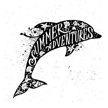 Hand drawn textured vintage label, retro badge with dolphin vector illustration and Summer Adventures inspirational lettering.