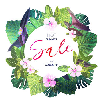 Bright green vector floral design template for summer sale. Tropical banner with green exotic palm leaves and pink flowers.