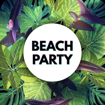 Bright green summer tropical background with exotic palm leaves and pink flowers. Jungle vector floral party flyer template.