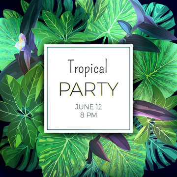 Green botanical summer tropical design with palm leaves and exotic purple flowers. Vector floral template.