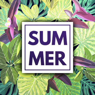 Summer tropical background with green palm leaves and exotic plants. Jungle vector floral template.