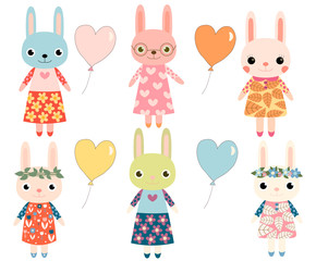 Cute colorful cartoon bunnies with heart shaped balloons
