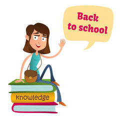 Cute Smart girl teenager sitting on a pile of books and waving. flat style vector illustration isolated on white background. Speech bubbles. Back to school.