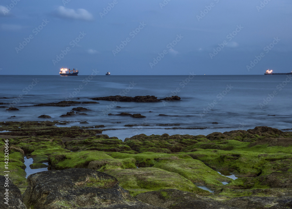 Wall mural portugal , cascais. atlantic coastal strip, embankment, . stones covered with moss , early evening. 