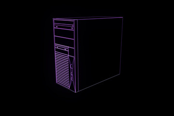 PC Tower in Hologram Wireframe Style. Nice 3D Rendering
