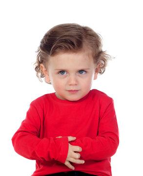 Angry funny baby with red t-shirt