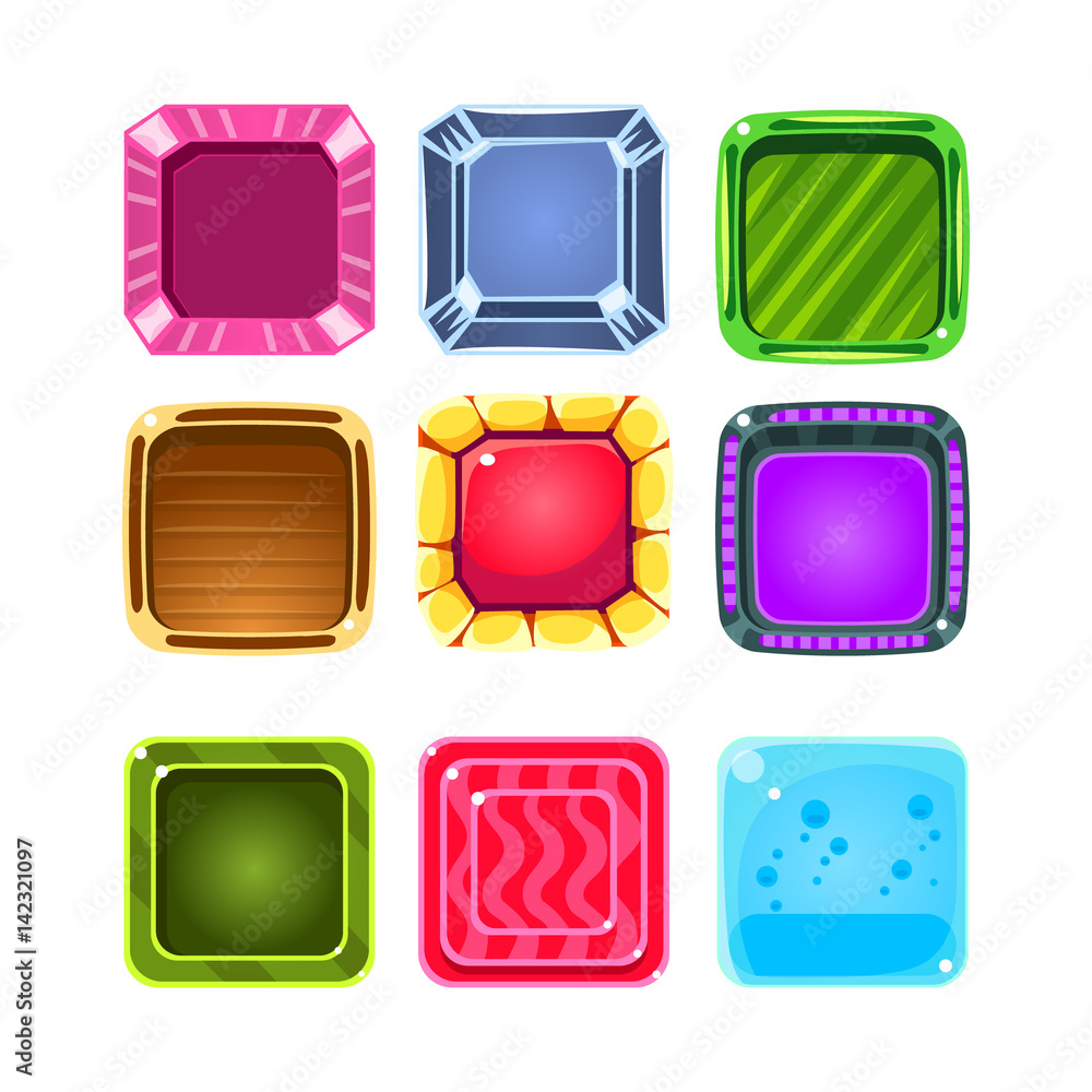 Poster colorful gems flash game element templates design collection with colorful square candy for three in