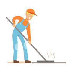 Road Worker Levelling Asphalt With Rake , Part Of Roadworks And Construction Site Series Of Vector Illustrations