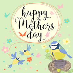 Happy mothers day With bird and flowers. Hand made vector illustration