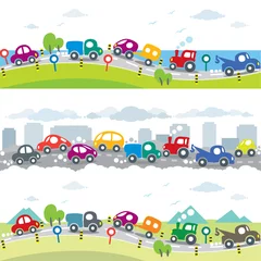 Stickers muraux Course de voitures Des voitures sur la route. Ensemble de motifs horizontaux sans soudure
