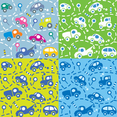 Cars on the road. Seamless kids pattern set.