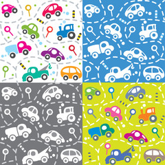 Cars on the road. Seamless kids pattern set.