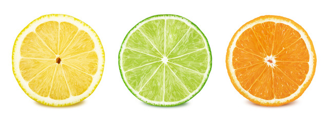 Obraz premium Zestaw plasterków owoców: cytryna, limonka, pomarańcza.