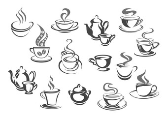 Cup of coffee and tea, teapot, sugar bowl icon set