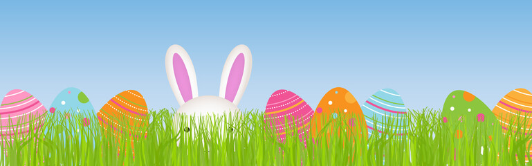 Easter Theme Banner – Rabbit and Eggs in Grass
